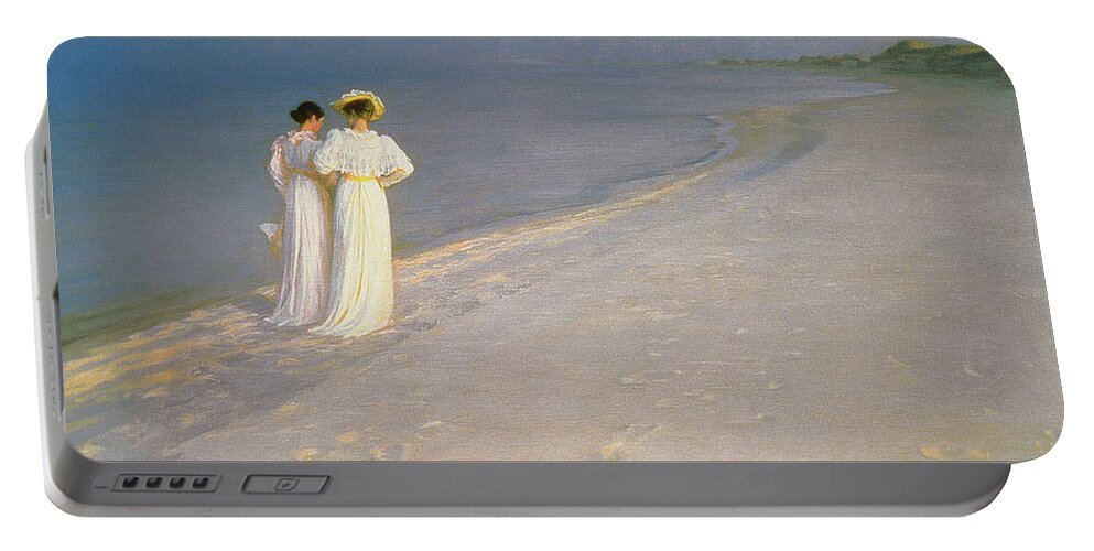 Kroyer Portable Battery Charger featuring the painting Summer Evening on the Skagen Southern Beach with Anna Ancher and Marie Kroyer by Peder Severin Kroyer