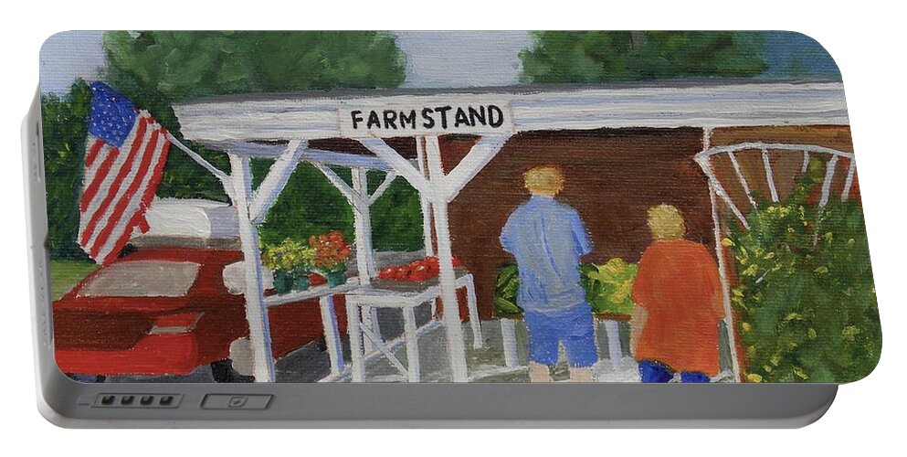 Landscape Summer Farm Stand Vegetables Flowers American Flag Vacation Fruits Country Portable Battery Charger featuring the painting Summer Farm Stand by Scott W White