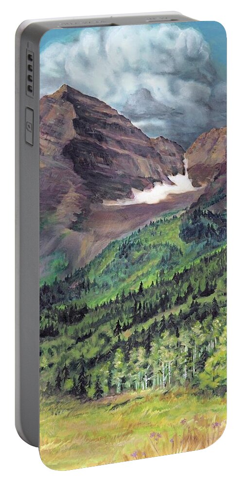 Summer Portable Battery Charger featuring the painting Summer Maroon Bells Four Seasons by Leizel Grant
