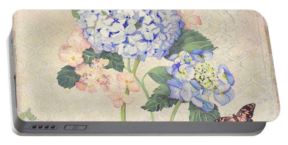 Pastel Portable Battery Charger featuring the painting Summer Memories - Blue Hydrangea n Butterflies by Audrey Jeanne Roberts