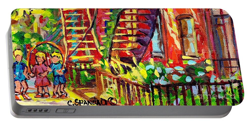 Montreal Portable Battery Charger featuring the painting Summer Staircase Verdun Montreal To Plateau Mont Royal Canadian Cityscene 3 Girls Skipping C Spandau by Carole Spandau