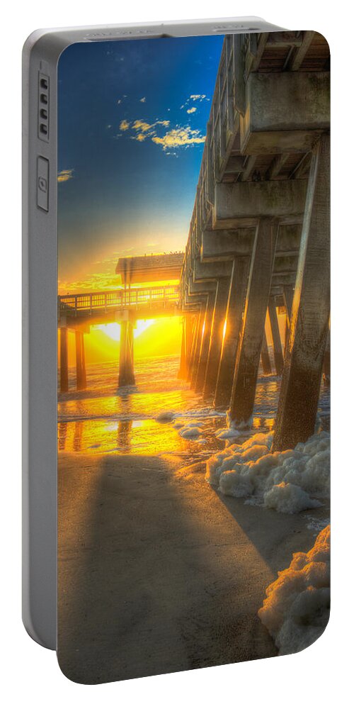 Reid Callaway Tybee Island Sunrise Portable Battery Charger featuring the photograph Sun Block Tybee Island Pier by Reid Callaway