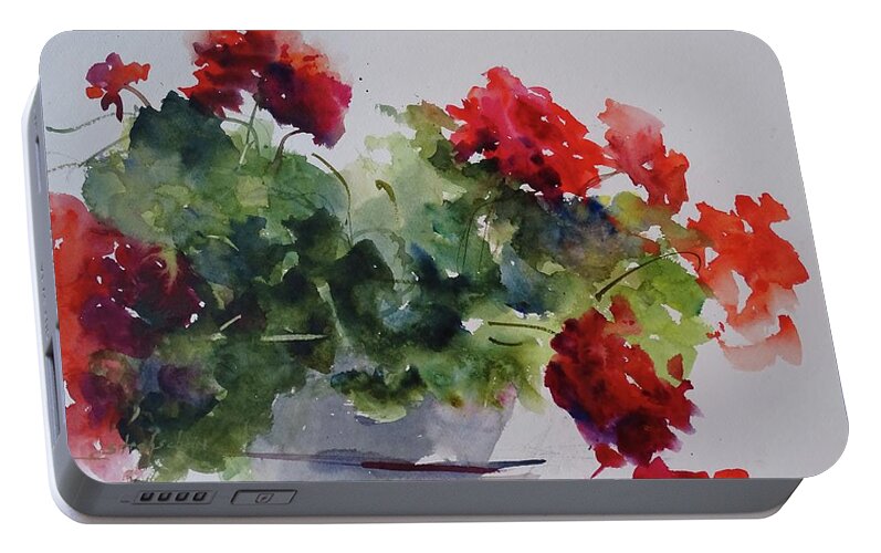 Geraniums Portable Battery Charger featuring the painting Sunday Morning Geraniums by Sandra Strohschein