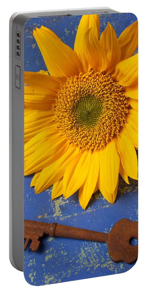 Sunflower Portable Battery Charger featuring the photograph Sunflower and skeleton key by Garry Gay