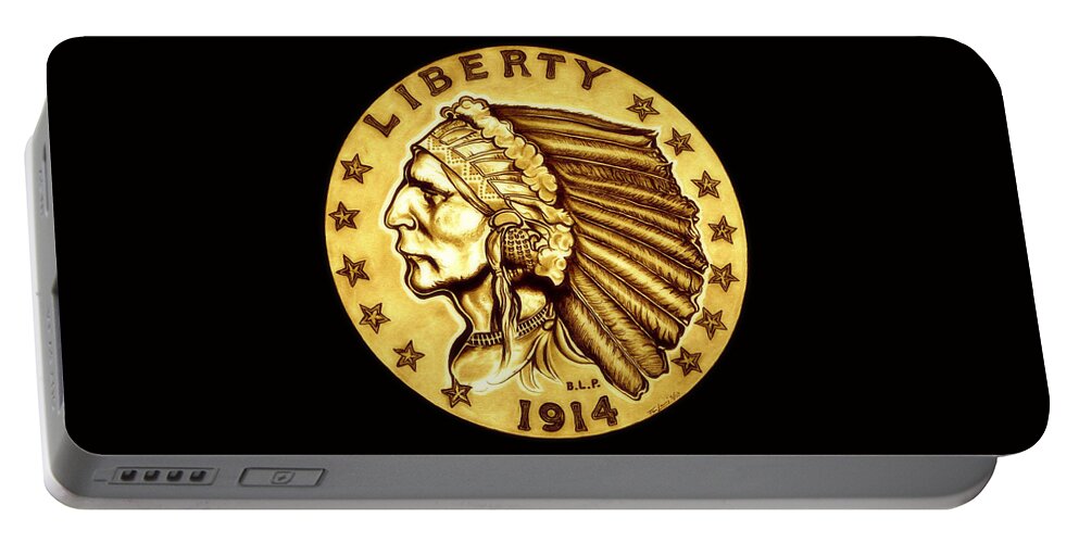 Indian Head Portable Battery Charger featuring the drawing Sunflower Gold Quarter Eagle by Fred Larucci