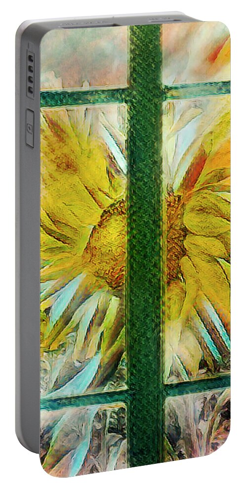 Appalachia Portable Battery Charger featuring the photograph Sunflower in the Garden Window by Debra and Dave Vanderlaan