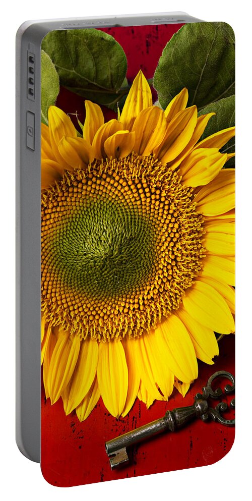 Sunflower Portable Battery Charger featuring the photograph Sunflower with old key by Garry Gay
