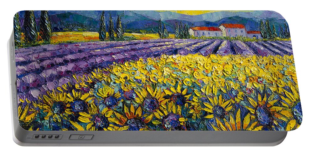 Sunflowers And Lavender Field The Colors Of Provence Portable Battery Charger featuring the painting SUNFLOWERS AND LAVENDER FIELD - THE COLORS OF PROVENCE Modern Impressionist Palette Knife Painting by Mona Edulesco