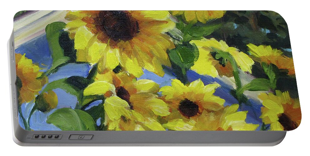 Sunflowers Portable Battery Charger featuring the painting Sunflowers by Karen Ilari