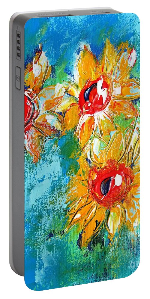 Semi Abstract Sunflowers Portable Battery Charger featuring the painting Sunflowers On Denim Paintings by Mary Cahalan Lee - aka PIXI