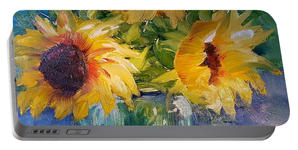 Sunflowers Portable Battery Charger featuring the painting Sunfowers/Blue Ball jar by Judy Fischer Walton