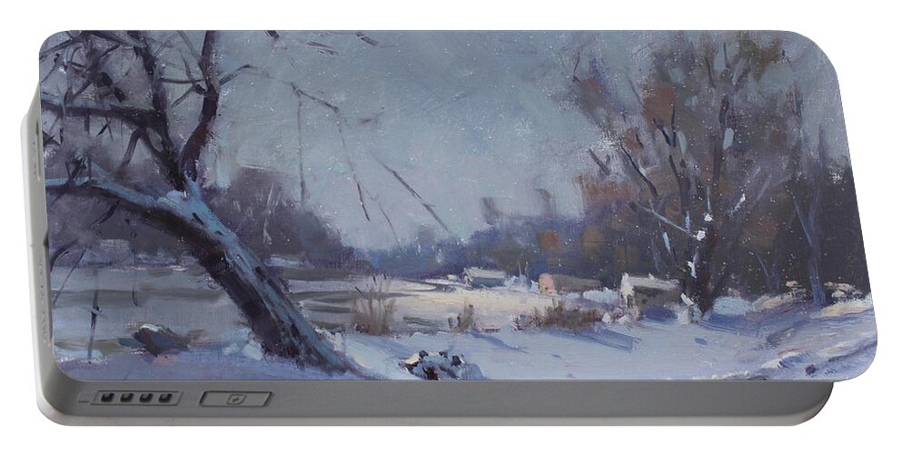 Sunlight Portable Battery Charger featuring the painting Sunlight in Freezing Cold by Ylli Haruni
