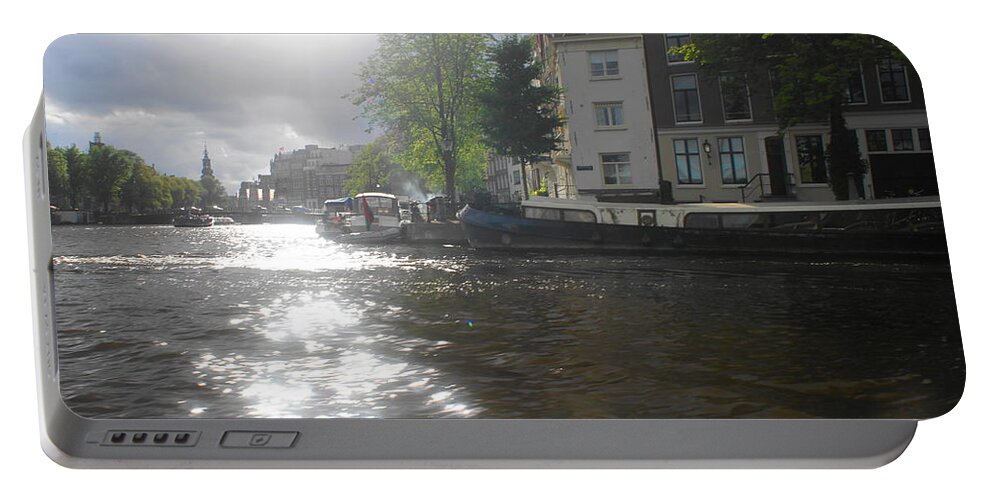 Canal Portable Battery Charger featuring the photograph Sunlight on Canal in Amsterdam by Therese Alcorn