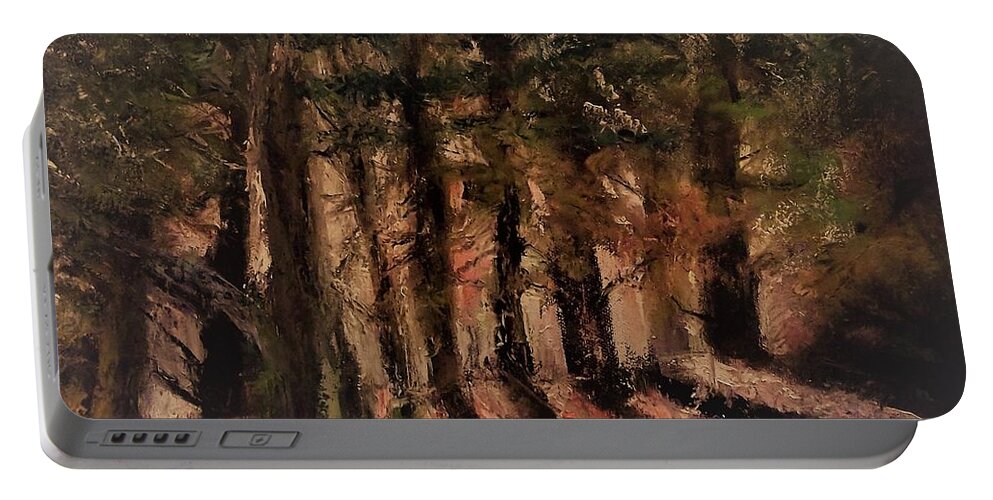 Trees Portable Battery Charger featuring the painting Sunlit Forest by Stephen King