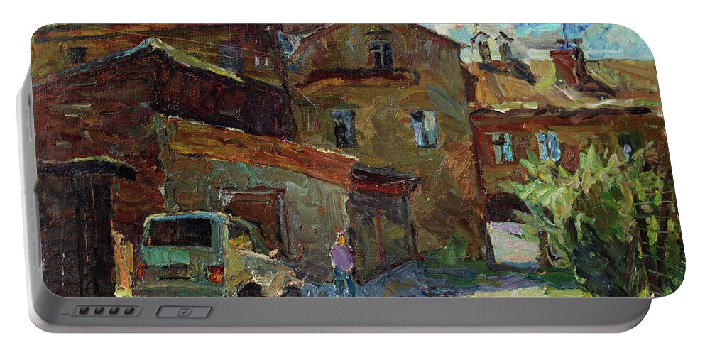 Plein Air Portable Battery Charger featuring the painting Sunny patio by Juliya Zhukova