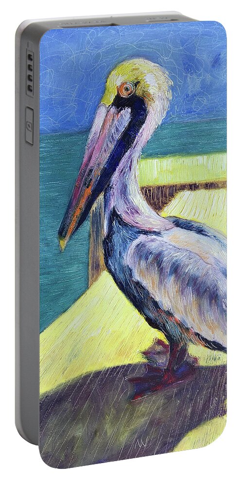 Pelican Portable Battery Charger featuring the painting Sunny Pelican by AnneMarie Welsh