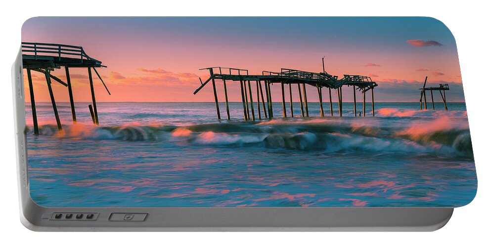 Outer Banks Portable Battery Charger featuring the photograph Sunrise at Outer Banks Fishing Pier in North Carolina Panorama by Ranjay Mitra