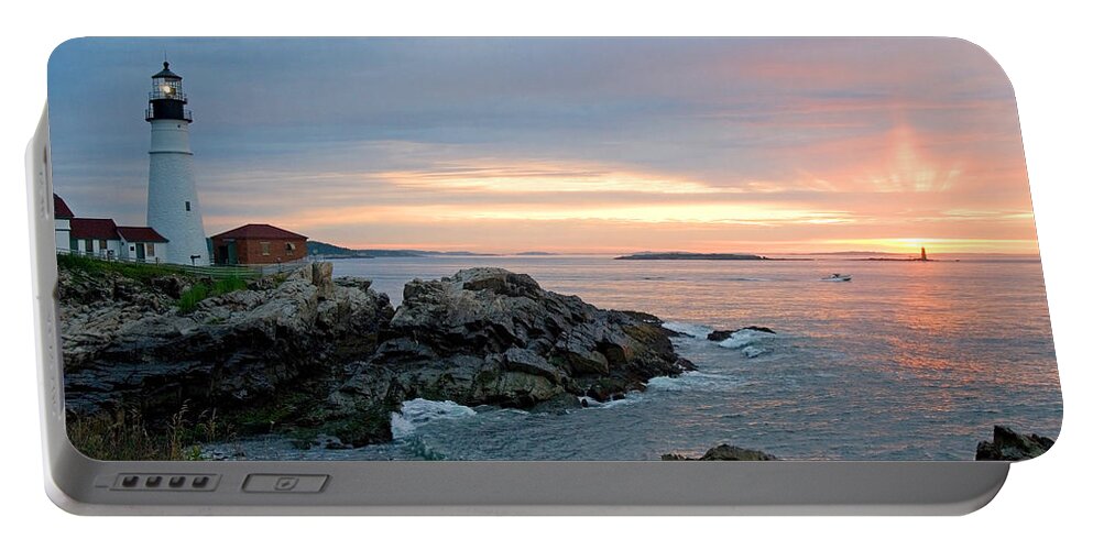 Sunrise Portable Battery Charger featuring the photograph Sunrise at Portland Head Lighthouse by Alana Ranney