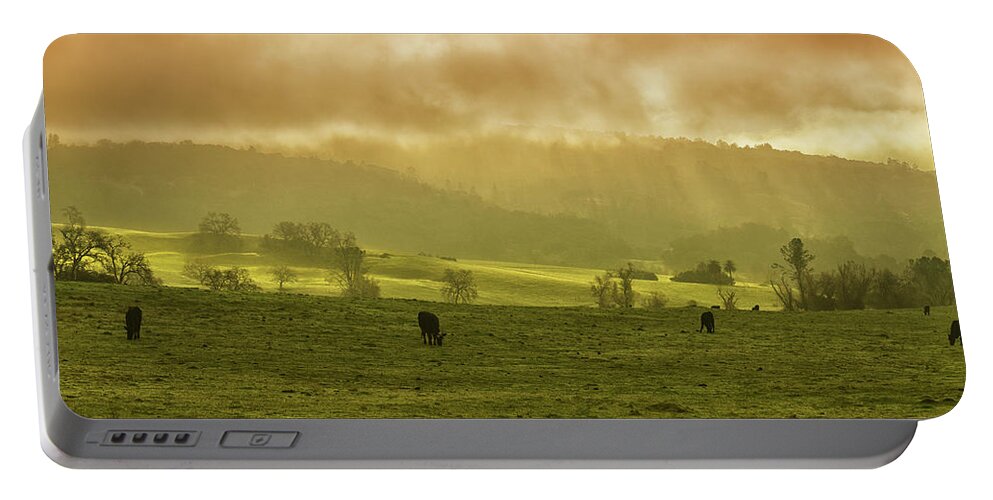 Sunrise In Foggy Pasture Portable Battery Charger featuring the photograph Sunrise In Foggy Pasture by Frank Wilson