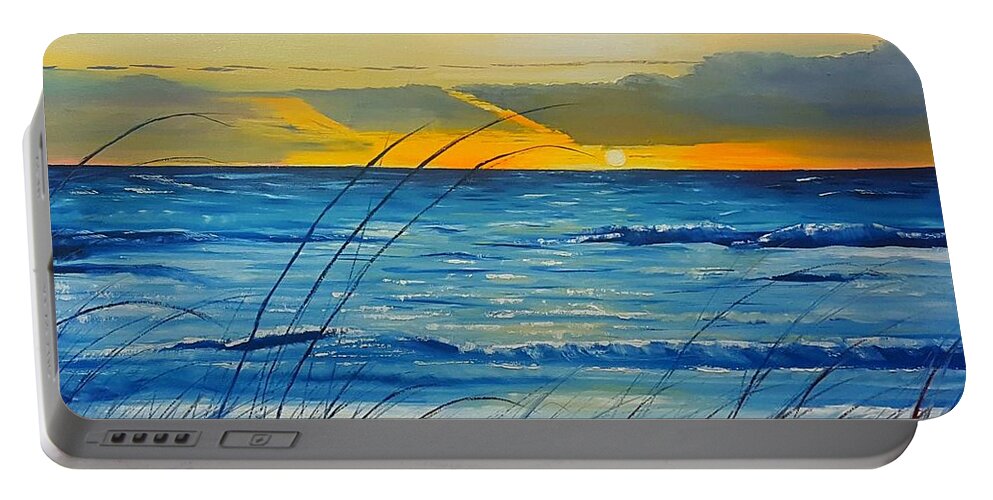 Sunset Portable Battery Charger featuring the painting Sunrise on the Beach by Connie Rish