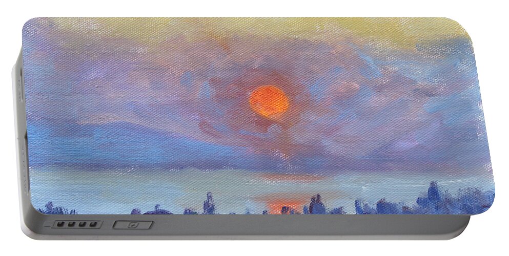 Sunrise Portable Battery Charger featuring the painting Sunrise over Dilesi Athens by Ylli Haruni