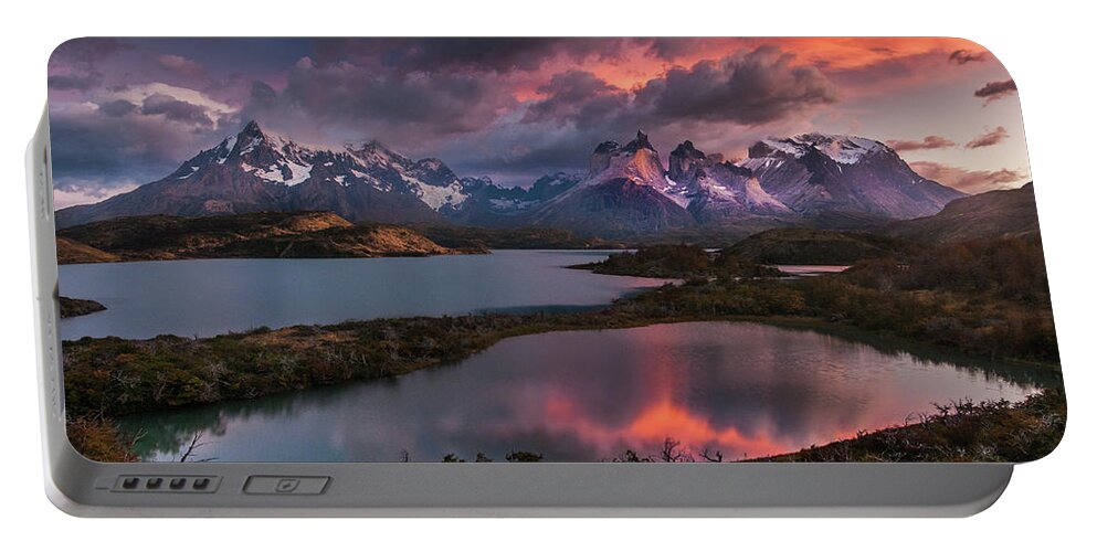 Chile Portable Battery Charger featuring the photograph Sunrise spectacular at Torres Del Paine. by Usha Peddamatham
