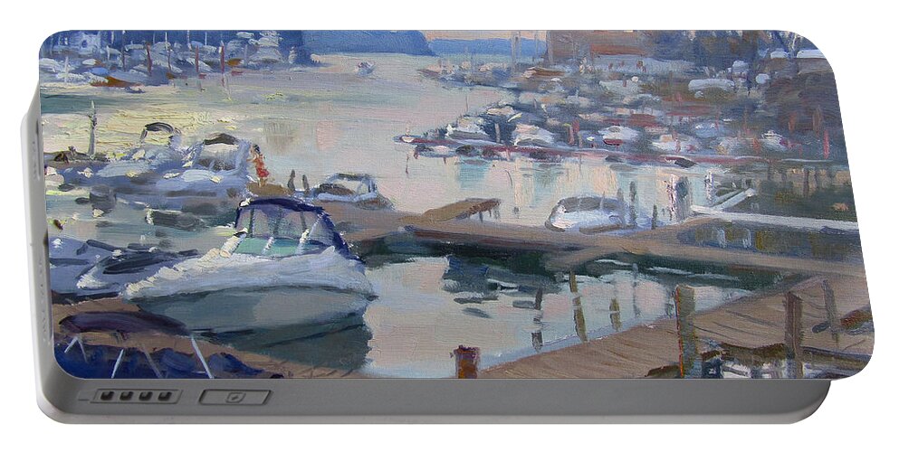Sunset Portable Battery Charger featuring the painting Sunset at North Tonawanda Harbor by Ylli Haruni