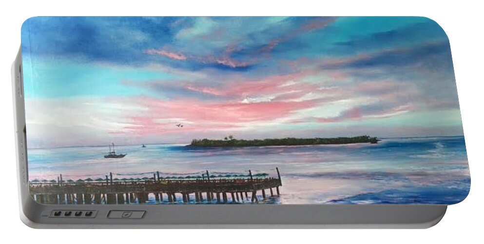 Key West Portable Battery Charger featuring the painting Sunset At Sunset Pier Tiki Bar Key West by Lloyd Dobson