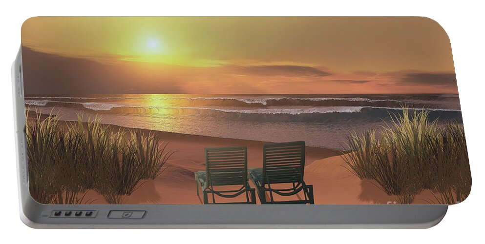 Lounge Chair Portable Battery Charger featuring the painting Sunset Beach by Corey Ford