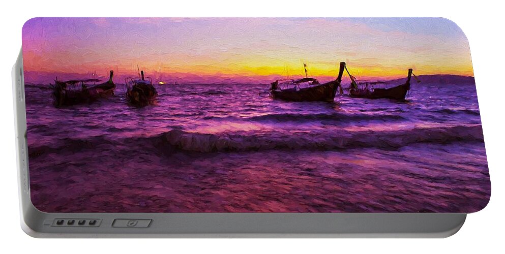 Landscape Portable Battery Charger featuring the digital art Sunset Boats by Charmaine Zoe