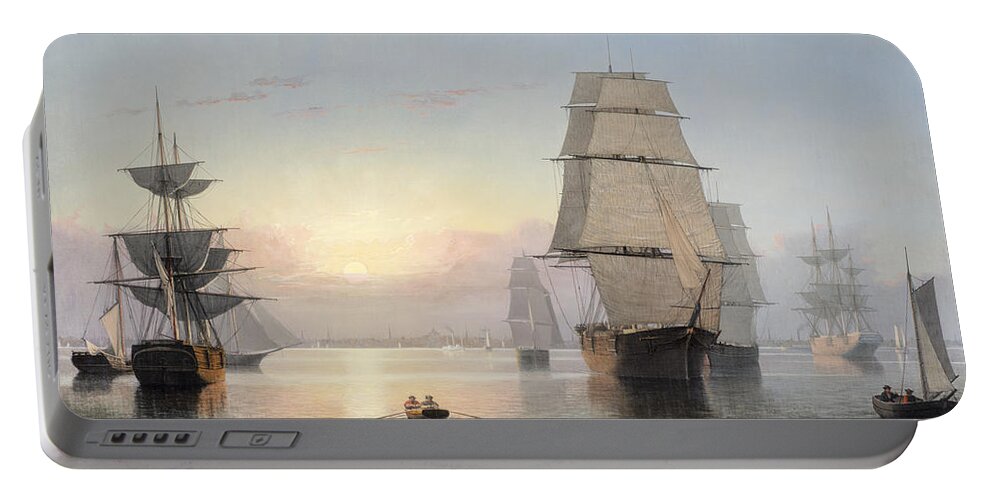 Boston Harbor Portable Battery Charger featuring the painting Sunset by Fitz Henry