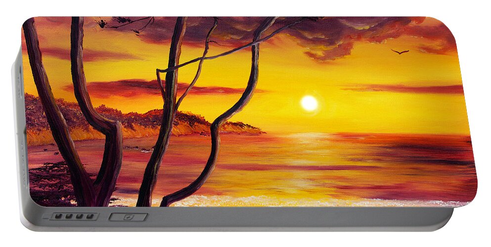 Oil Painting Portable Battery Charger featuring the painting Sunset from a Carmel Cypress Tree by Laura Iverson