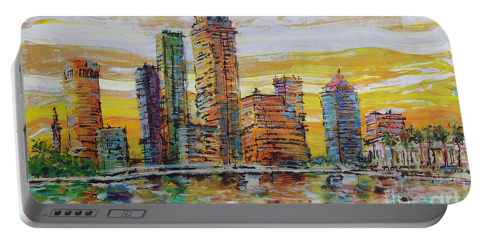Tampa Skyline Portable Battery Charger featuring the painting Sunset glow in Tampa by Jyotika Shroff