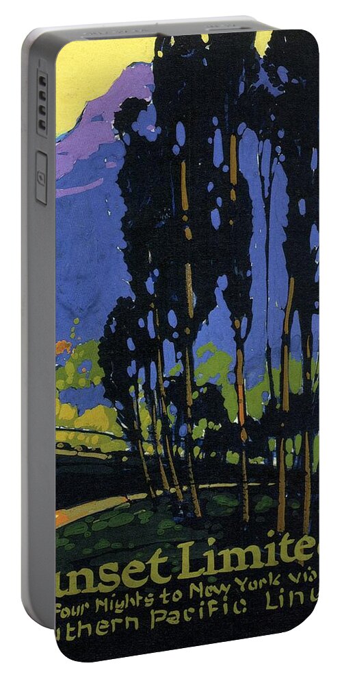 Landscape Painting Portable Battery Charger featuring the painting Sunset Limited - Steam Engine Locomotive through the forest highlands - Vintage Railroad Advertising by Studio Grafiikka