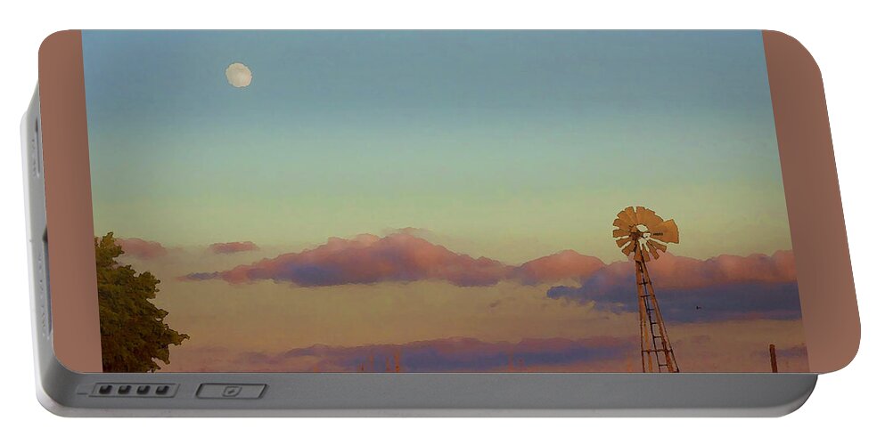Sunset Portable Battery Charger featuring the mixed media Sunset Moonrise with Windmill by Shelli Fitzpatrick