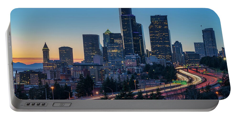 City Portable Battery Charger featuring the photograph Sunset Night-Freeway Lights by Ken Stanback