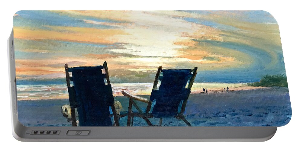 Sunset Portable Battery Charger featuring the painting Sunset on the Beach by Maryann Boysen