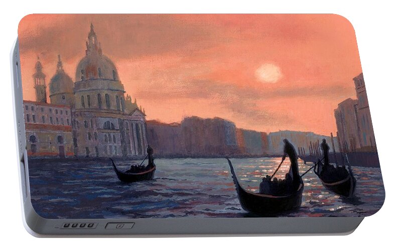 Venice Portable Battery Charger featuring the painting Sunset on the Grand Canal in Venice by Janet King