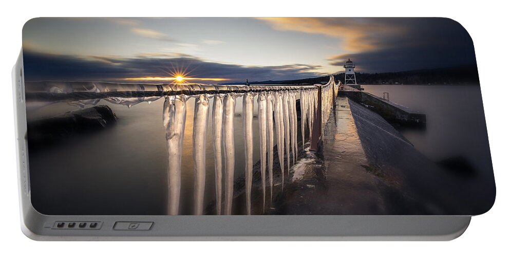 Canada Portable Battery Charger featuring the photograph Sunset over Grand Marais Lighthouse Breakwall by Jakub Sisak