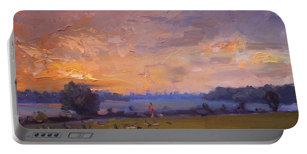 Sunset Portable Battery Charger featuring the painting Sunset over Gratwick Park by Ylli Haruni