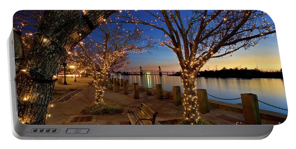 Blue Hour Portable Battery Charger featuring the photograph Sunset over the Wilmington Waterfront in North Carolina, USA by Sam Antonio