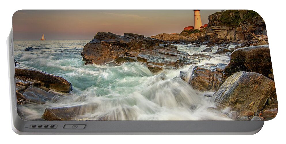Portland Head Lighthouse Portable Battery Charger featuring the photograph Sunset Sail at Portland Head Light by Kristen Wilkinson