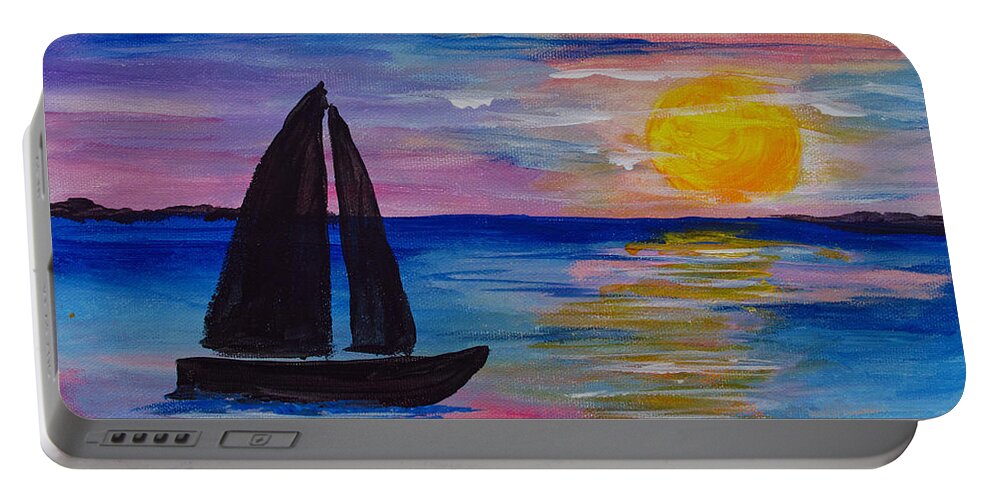 Seascape Portable Battery Charger featuring the painting Sunset Sail Small by Barbara McDevitt