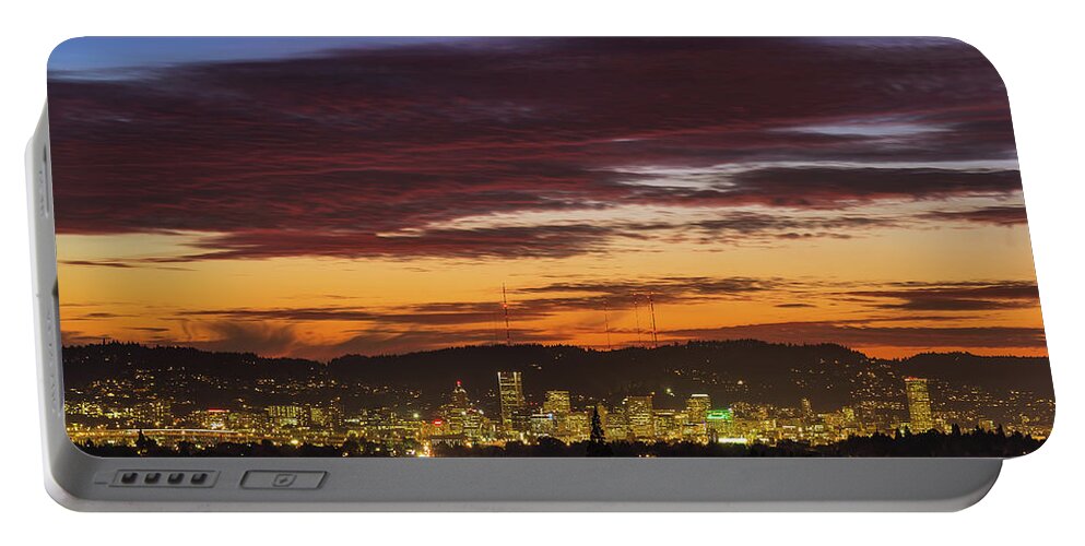 Portland Portable Battery Charger featuring the photograph Sunset Sky over Portland Oregon City Skyline by David Gn