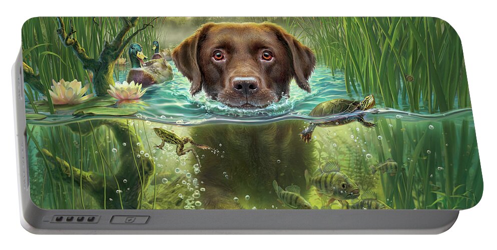 Chien Portable Battery Charger featuring the digital art Sunset Swim by Mark Fredrickson