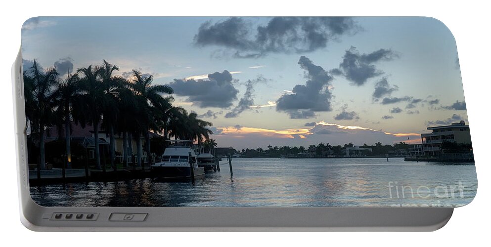 Lauderdale Portable Battery Charger featuring the photograph Sunset Tropical Canal by Ules Barnwell