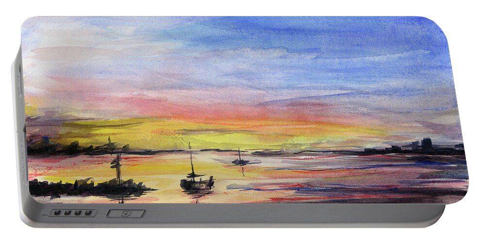 Watercolor Portable Battery Charger featuring the painting Sunset Watercolor Downtown Kirkland by Olga Shvartsur