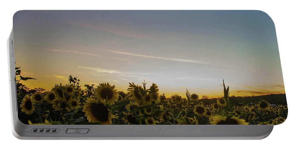 Landscape Portable Battery Charger featuring the photograph Sunset with Sunflowers at Andersen Farms by GeeLeesa Productions