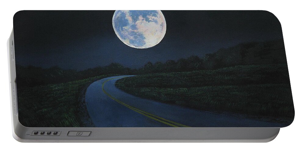 Super Moon Portable Battery Charger featuring the painting Super Moon at the end of the road by Christopher Shellhammer