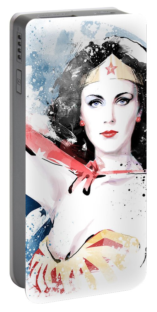 Superhero Wonder Woman Portable Battery Charger featuring the painting Superhero Wonder Woman by Unique Drawing